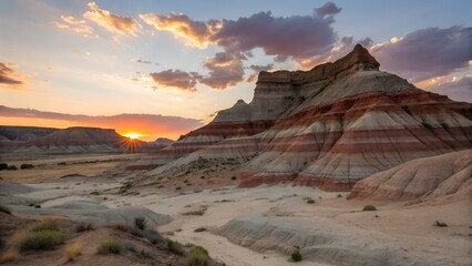 Fototapeta premium Layered Rock Formation at Sunset, Desert Landscape.