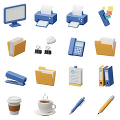 This vector icon set features office furniture, computer peripherals, and business symbols for web design and illustration