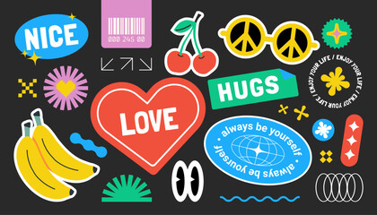 Futuristic y2k patches, labels, tags, stickers and bracelet stamps in retro style. Fun Y2K Graphic collection with smile faces. Trendy patches, groovy tags, vector illustration of y2k, 90s
