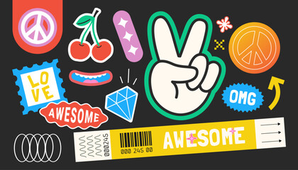 Trendy patches collection with smile faces in funky hipster style. Retro-style y2k bracelet stamps and tags in groovy style. Fun Y2K Graphic stickers and vector illustration of 90s labels