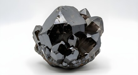 Dark Quartz Crystals With Glossy Surface on White Background – Geometric Cluster Formation