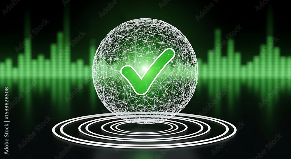 Aufkleber wireframe globe with a green check mark inside. global data security and verification concept. succe