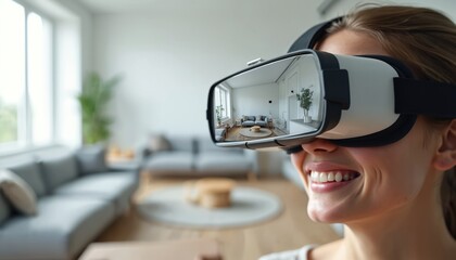 Young woman explores virtual home tour VR headset. Smiling face reflects interior design. Experience real estate, architecture, home design in cyberspace. Interior 3d visualization of house with