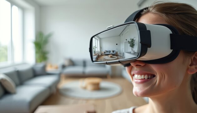 Young woman explores virtual home tour VR headset. Smiling face reflects interior design. Experience real estate, architecture, home design in cyberspace. Interior 3d visualization of house with
