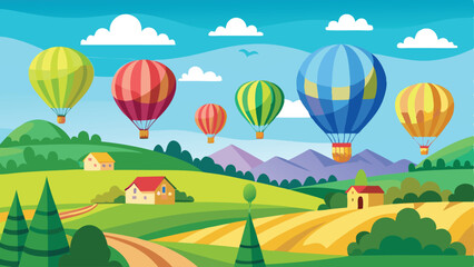 Obraz premium Colorful hot air balloons floating over scenic landscape with houses and fields