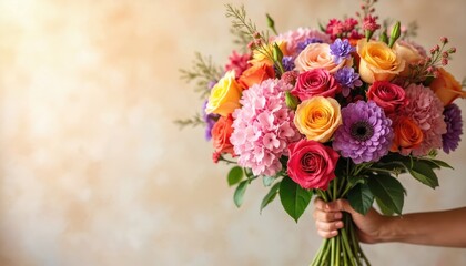 Vibrant mixed flower bouquet, including roses, hydrangeas, seasonal blooms. Hand holds colorful arrangement on soft textured background, perfect for wedding, celebration event. Floral design evokes