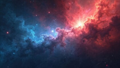 Fototapeta premium Abstract illustration features vibrant nebula galaxy. Red, blue cosmic clouds, stardust, bright stars, outer space fantasy universe backdrop. Ideal for wallpaper, print, design, sci-fi projects.