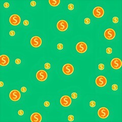 Seamless pattern of golden dollar coins falling on a vibrant green background, symbolizing wealth, financial growth, and success. Ideal for business, finance, and investment designs
