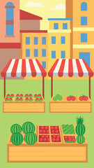 Colorful illustration of a fruit and vegetable market with stalls and produce display