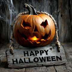 A carved pumpkin, illuminated from within, showcases a mischievous grin and jagged teeth. Set against a weathered wooden backdrop, it radiates festive Halloween spirit.