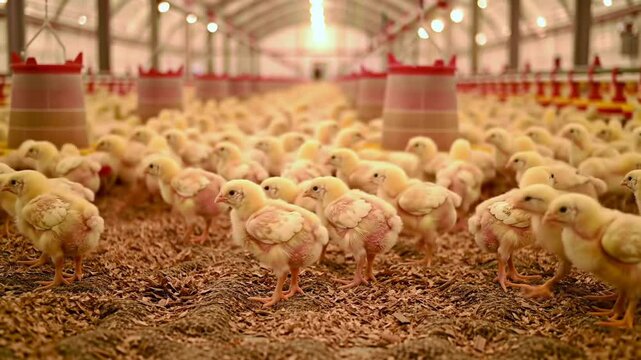 Numerous Yellow Chicks in a Poultry Farm with Bright Lighting and Brown Bedding