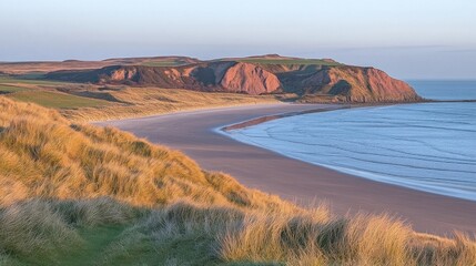 Scenic Beach Coastal Landscape with Dunes Cliffs and Sea Under Clear Sky
