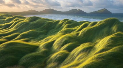 Lush Green Sand Dunes Landscape Near Calm Sea With Distant Islands