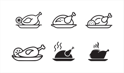 Grilled Chicken Vector Icons in Outline Style