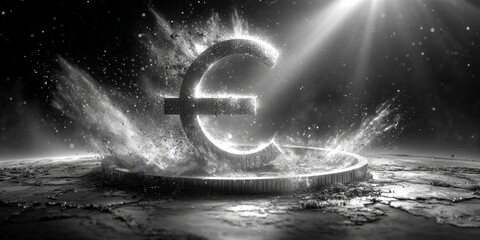 Euro symbol exploding on a coin during economic crisis