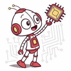 Playful Cartoon AI Robot Holding Microchip Vector Adorable cartoon robot character holding a glowing microchip, set on a subtle circuit board pattern. Ideal for tech branding, educational materials, a