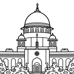 Supreme Court of India Line Art Illustration, Detailed Black and White Drawing of Famous Government Building in Delhi with Central Dome, Pillars, Emblem and Symmetrical Architecture