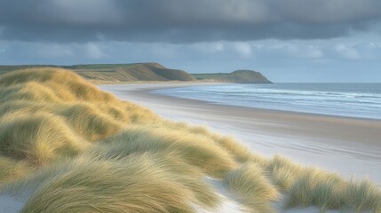 Seascape View Of Sandy Beach Grass Dune And Cloudscape In Daytime