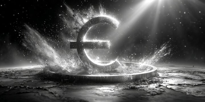 Euro symbol exploding on a coin during economic crisis