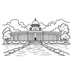 Supreme Court of India Line Art Illustration, Detailed Black and White Drawing of Famous Government Building in Delhi with Central Dome, Pillars, Emblem and Symmetrical Architecture