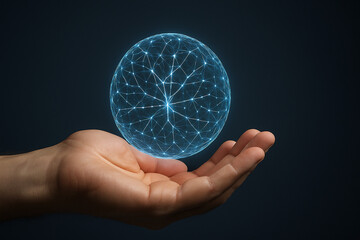 A hand gently cradles a glowing network sphere representing global connection technology and innovation.