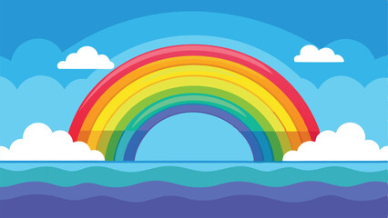 Colorful rainbow arching over gentle waves and clouds in a bright blue sky