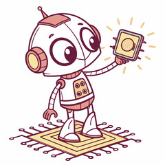 Playful Cartoon AI Robot Holding Microchip Vector Adorable cartoon robot character holding a glowing microchip, set on a subtle circuit board pattern. Ideal for tech branding, educational materials, a