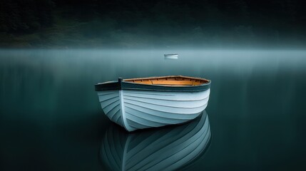 Wooden Boat on Calm Lake Surface Reflecting Mystical Foggy Landscape