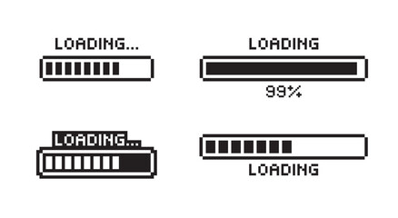 Set of loading pixel icon. Pixel art loading bar concept. Load bar. loading or installing bar. Pixel 8-bit loading bar, video game UI
