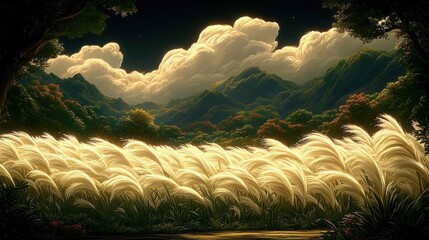 Golden Grass Field at Dusk Pixel Art Landscape With Cloudy Mountain Scenery