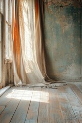 Sunlit Linen Curtain in a Rustic Room: Serene and Peaceful Interior
