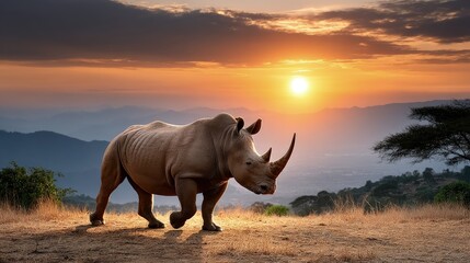 Obraz premium Rhinoceros sunset savanna