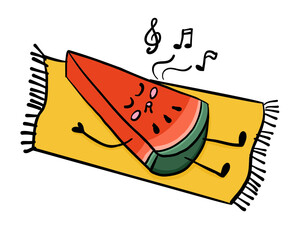Cute watermelon slice character relaxing on a towel and listening to music. Concept symbolizes summer chill, leisure and fruity happiness