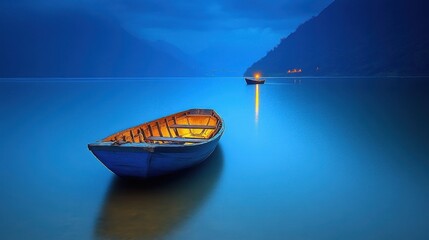 Scenic Blue Rowing Boat Floating on Lake Under Dramatic Twilight Sky