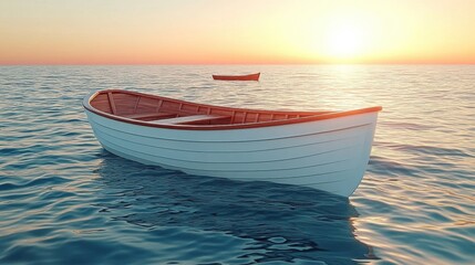 Wooden Boat Floating on Blue Ocean Water During Golden Sunset Scene