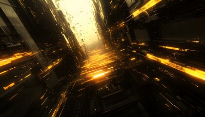 Intricate futuristic city corridor with glowing lines.