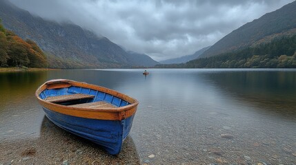 Blue Boat on Serene Lake with Mountain Backdrop and Cloudy Sky Landscape