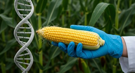 Scientist in gloves holding corn cob near DNA strand. Genetic modification concept for agriculture. Biotechnology for food production.
