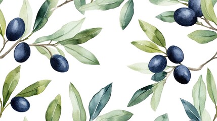 Elegant olive branch watercolor pattern with black olives, perfect for design projects, invitations, logos, and Mediterranean-themed artworks.