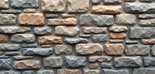 Fototapeta premium Seamless stone wall tile pattern background. Textured surface composed of varied size, shape stones in shades of grey, beige, brown. Repeating stone texture for construction, design.