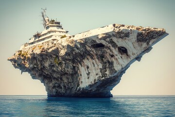 Surreal modern cruise liner fossilized into rocky cliffside over water combines decay and absurdity
