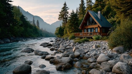 Riverfront cabin in forest landscape