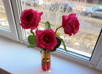Rose flowers arrangement on a window. Bunch of flowers with green ribbon in a glass vase.
