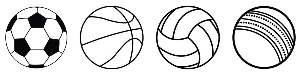 Sports ball icon vector set, team play game icons.  Football ball, volleyball, basketball and ball icon vector illustration. Soccer, volleyball, basketball vector illustration of a ball.