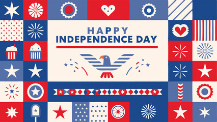Happy independence day themed collage with eagle, stars, and red white and blue geometric patterns