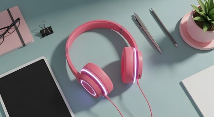 Pink Headphones with Neon Lights on a Pastel Desk