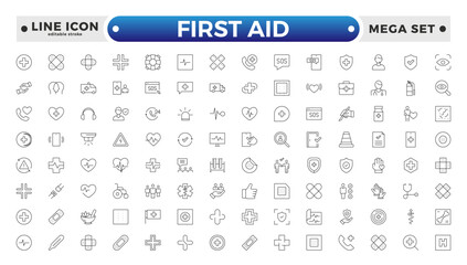 First Aid outline icon set. Emergency kit icon set. Vector objects set of survival emergency kit for evacuation or disasters. Editable stroke outline icon.
