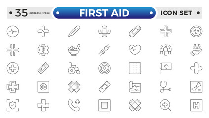 First Aid outline icon set. Emergency kit icon set. Vector objects set of survival emergency kit for evacuation or disasters. Editable stroke outline icon.
