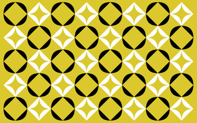 seamless pattern with golden stars. Simple geometric ethnic style pattern featuring alternating black and white quadrant-filled squares on a vibrant yellow background. Floral background design 