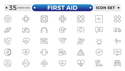 First Aid outline icon set. Emergency kit icon set. Vector objects set of survival emergency kit for evacuation or disasters. Editable stroke outline icon.
